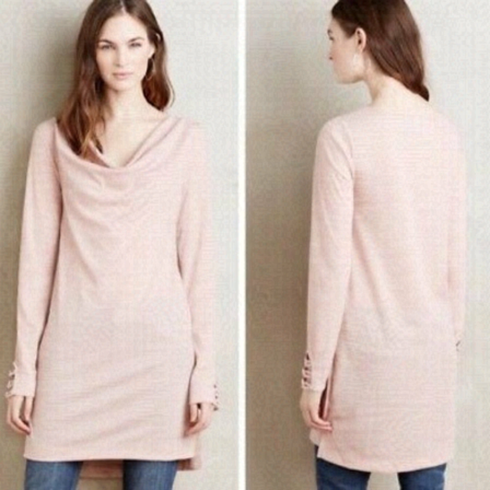 PURE + GOOD Dress Cowl Neck Draped Tunic Ribbed Long Sleeve Blush Pink
